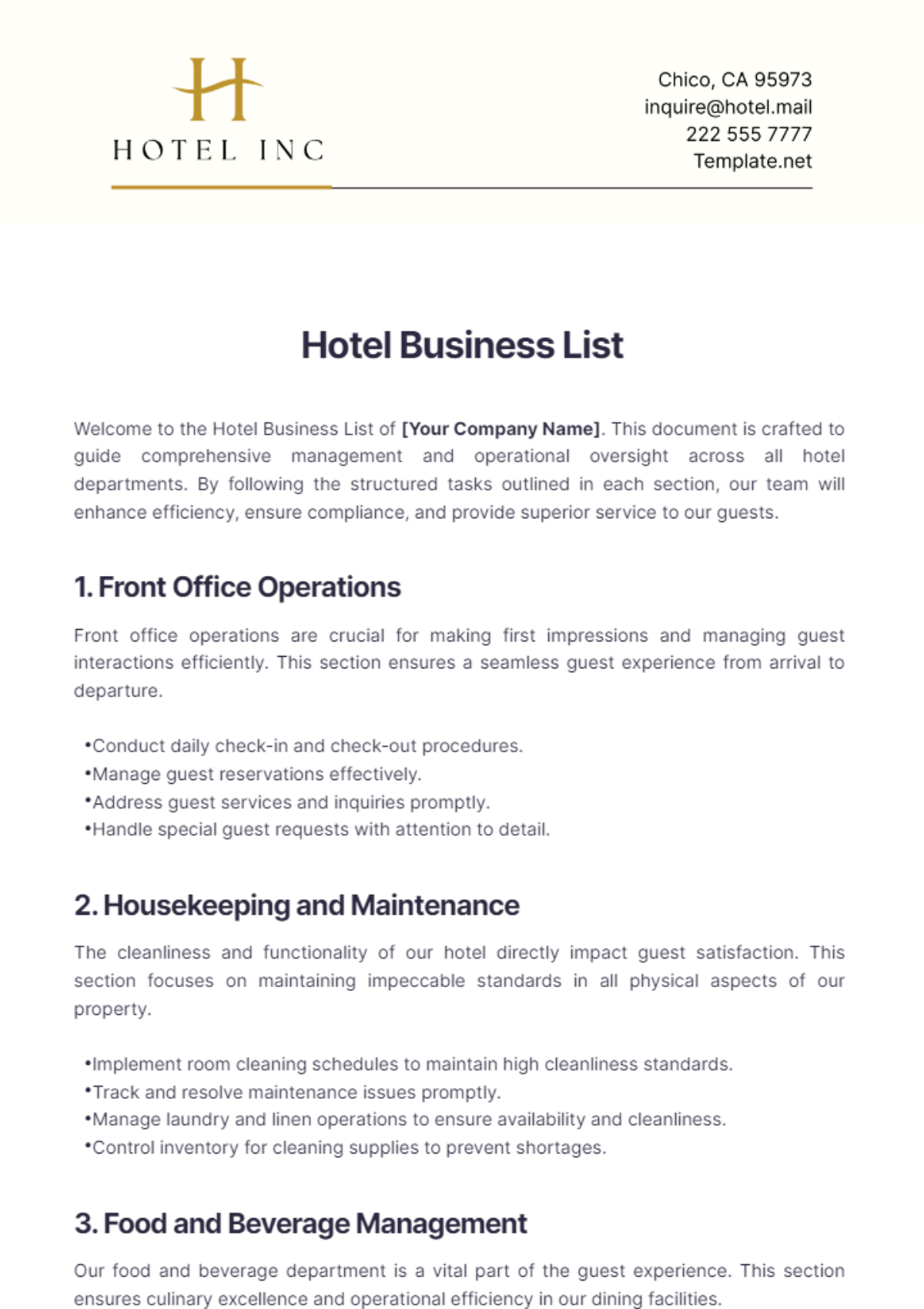 hotel-business-management-brief-template