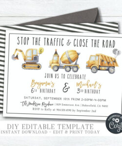 Blank Construction Theme Birthday Invitation Template