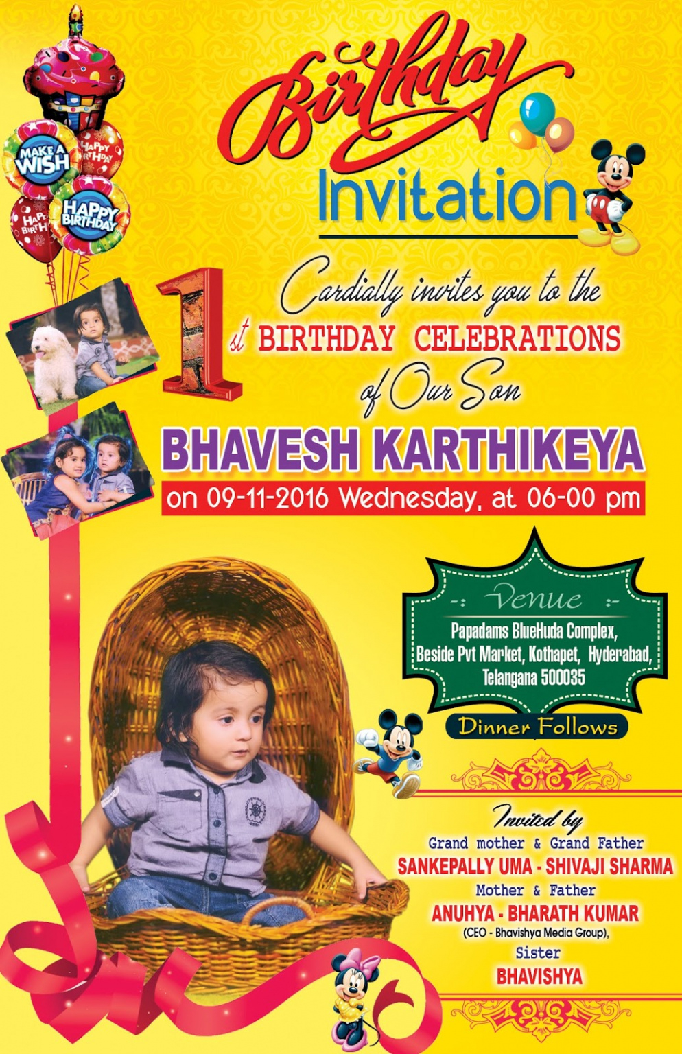 Editable 1 Year Birthday Invitation Template