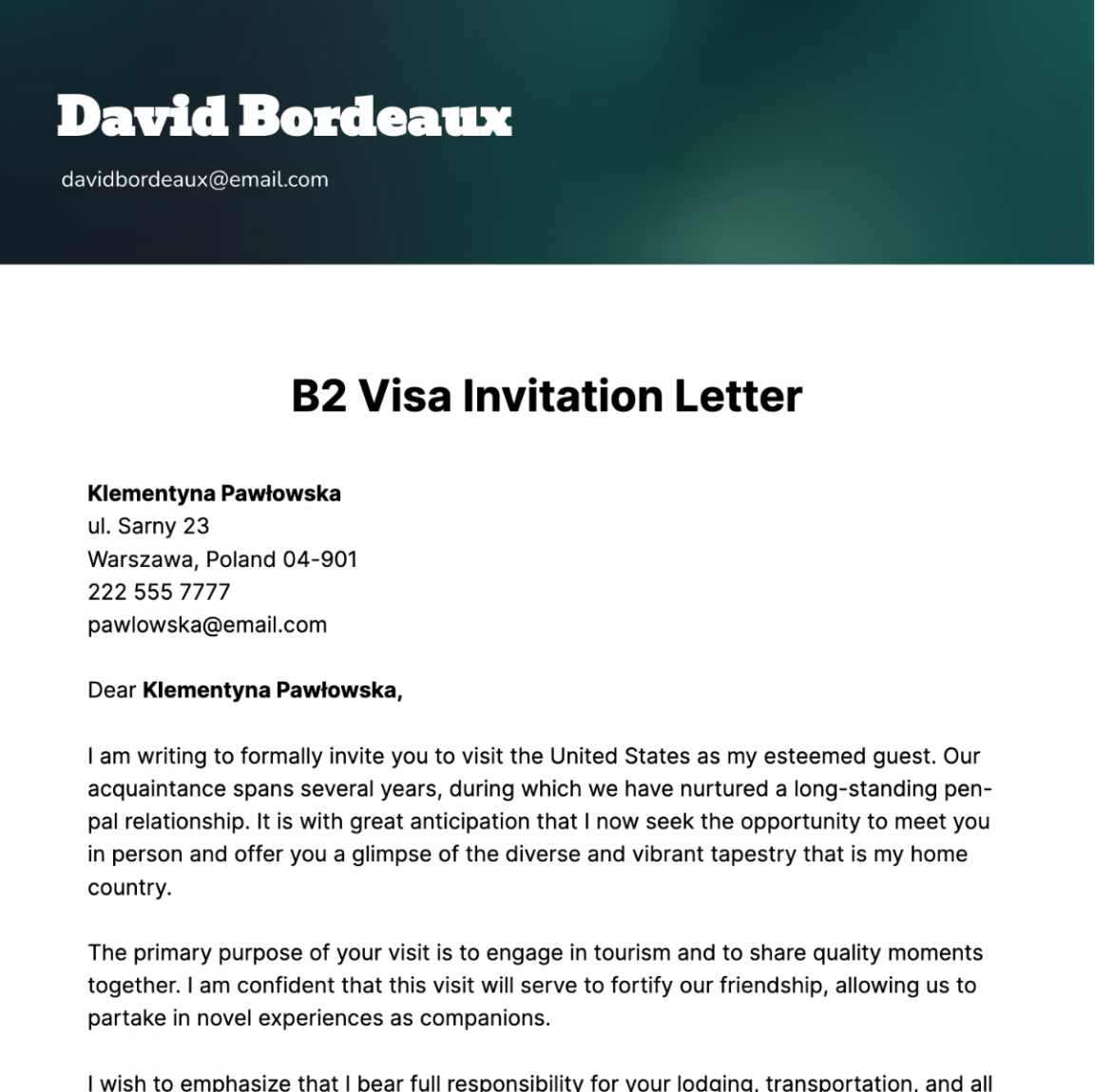 Editable Invitation Letter For Visa Template Word Sample