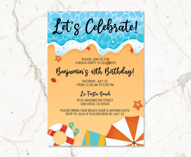 Free Editable Beach Birthday Party Invitation Template